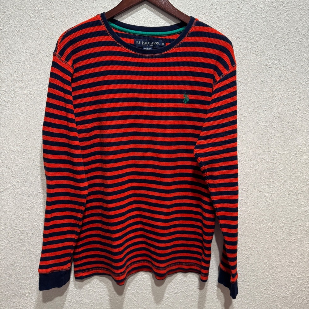US Polo Assn Mens XL Thermal Shirt Waffle Knit Striped Navy Orange 11303383